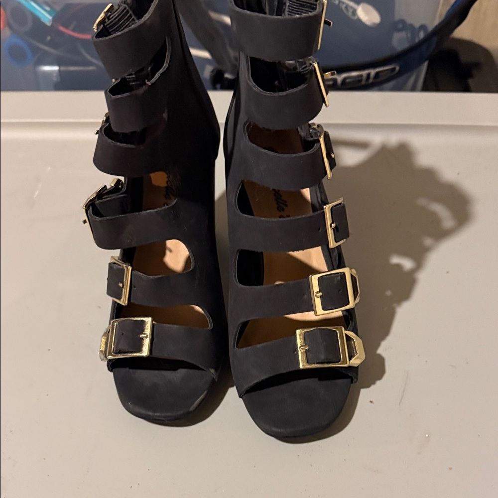 Charlotte Russe Black Strappy Heels with Gold Buckles
